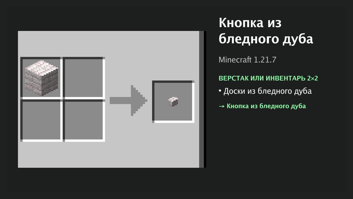 Рецепт: кнопка из бледного дуба в Minecraft — доски из бледного дуба (верстак или инвентарь 2×2)
