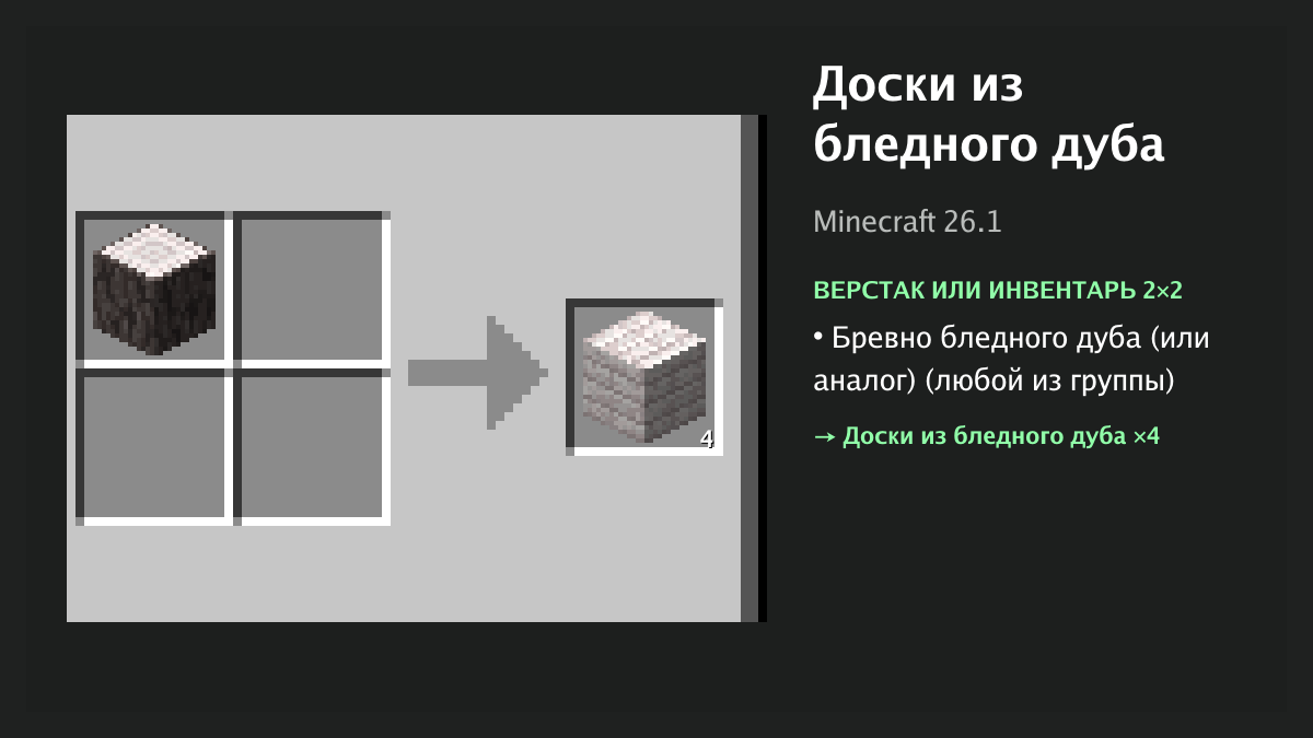 Рецепт: доски из бледного дуба в Minecraft — бревно бледного дуба (или аналог) (верстак или инвентарь 2×2)
