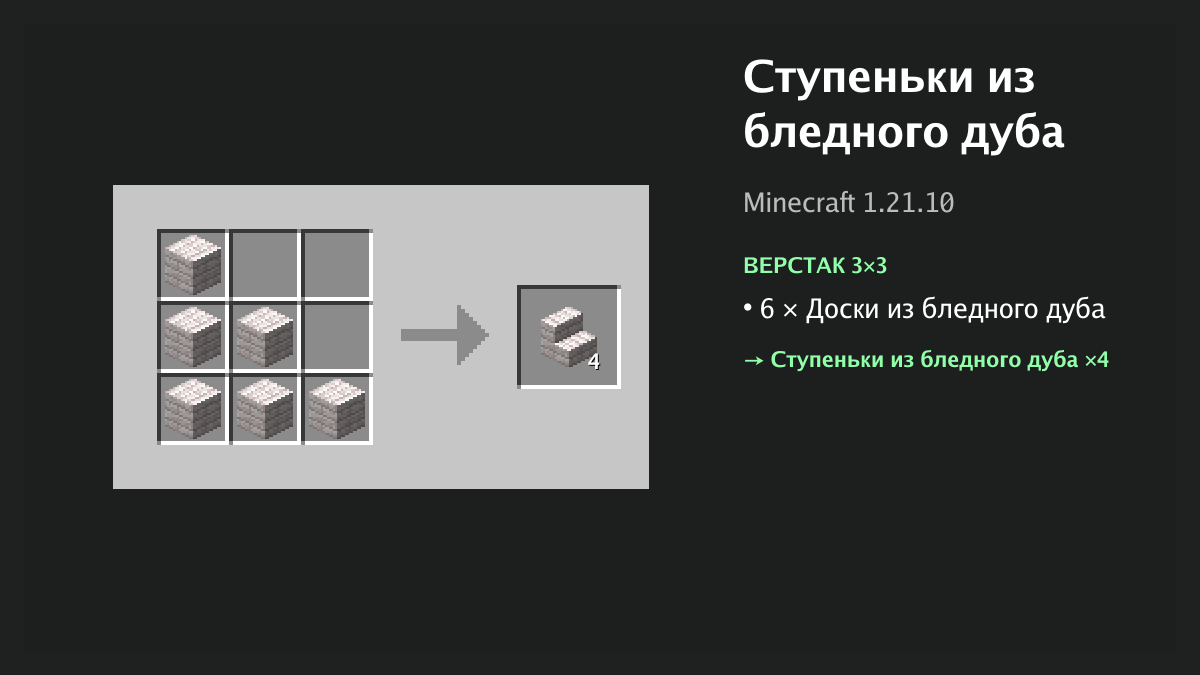 Рецепт: ступеньки из бледного дуба в Minecraft — 6 × доски из бледного дуба (верстак 3×3)