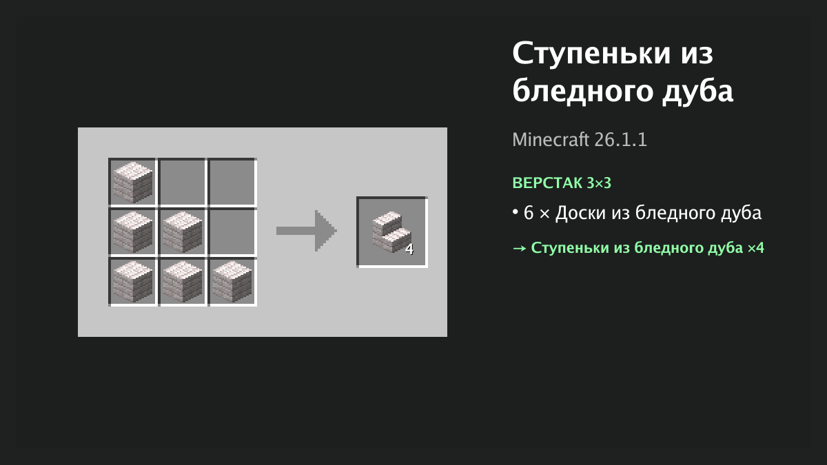 Рецепт: ступеньки из бледного дуба в Minecraft — 6 × доски из бледного дуба (верстак 3×3)