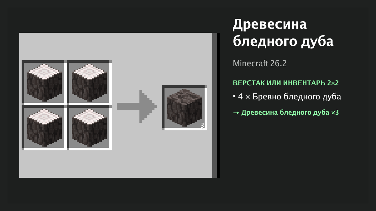 Рецепт: древесина бледного дуба в Minecraft — 4 × бревно бледного дуба (верстак или инвентарь 2×2)