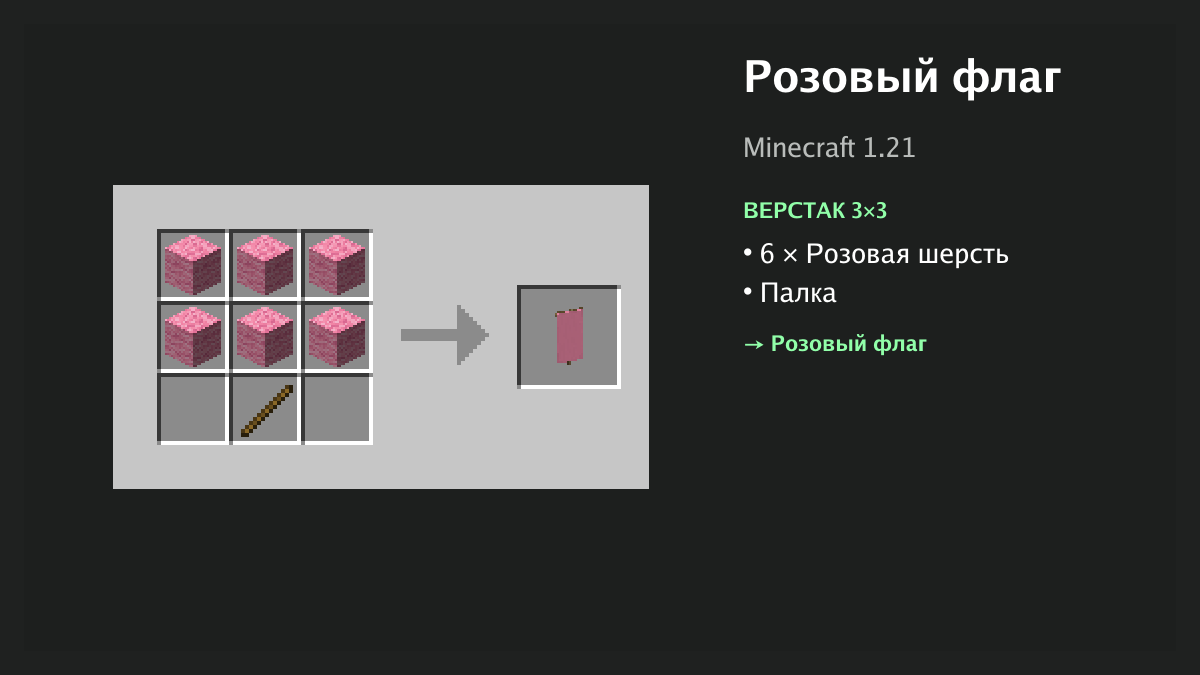 Рецепт: розовый флаг в Minecraft — 6 × розовая шерсть, палка (верстак 3×3)
