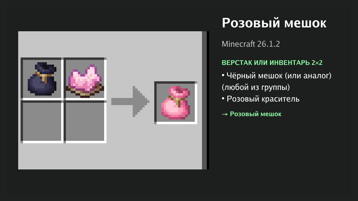 Рецепт: розовый мешок в Minecraft — чёрный мешок (или аналог), розовый краситель (верстак или инвентарь 2×2)