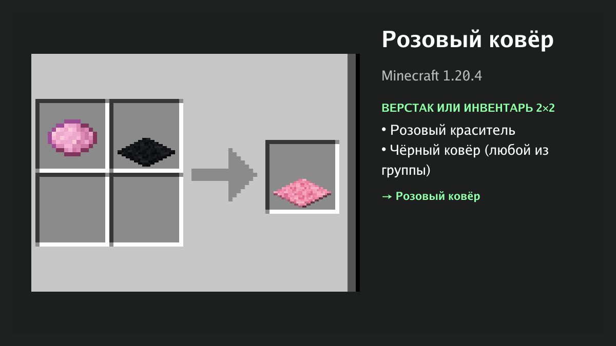 Рецепт: розовый ковёр в Minecraft — розовый краситель, чёрный ковёр (верстак или инвентарь 2×2)