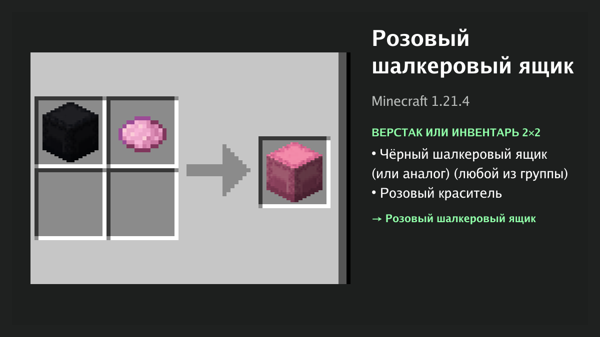 Рецепт: розовый шалкеровый ящик в Minecraft — чёрный шалкеровый ящик (или аналог), розовый краситель (верстак или инвентарь 2×2)