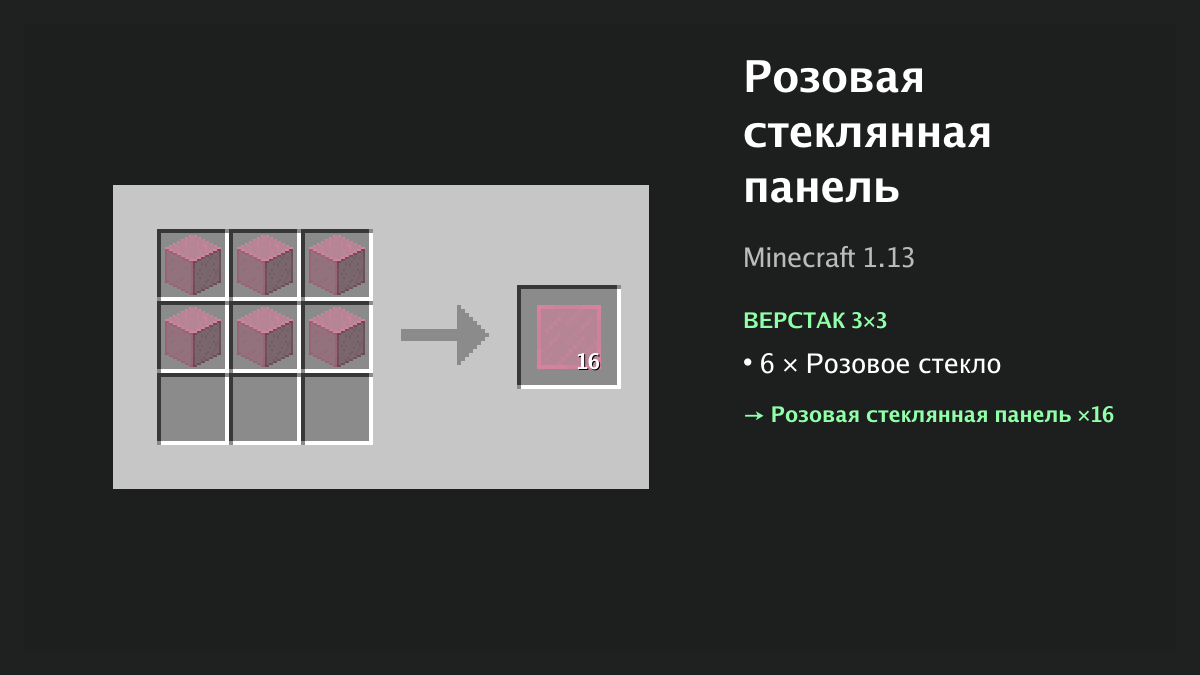 Рецепт: розовая стеклянная панель в Minecraft — 6 × розовое стекло (верстак 3×3)