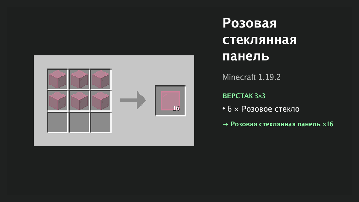 Рецепт: розовая стеклянная панель в Minecraft — 6 × розовое стекло (верстак 3×3)