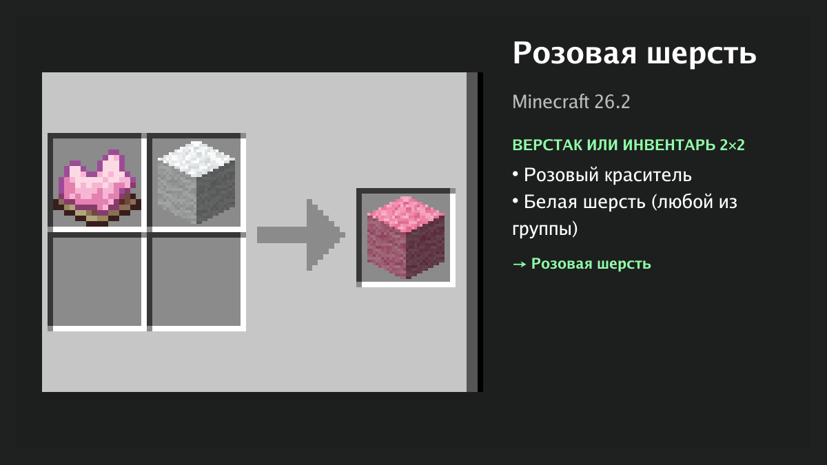 Рецепт: розовая шерсть в Minecraft — розовый краситель, белая шерсть (верстак или инвентарь 2×2)