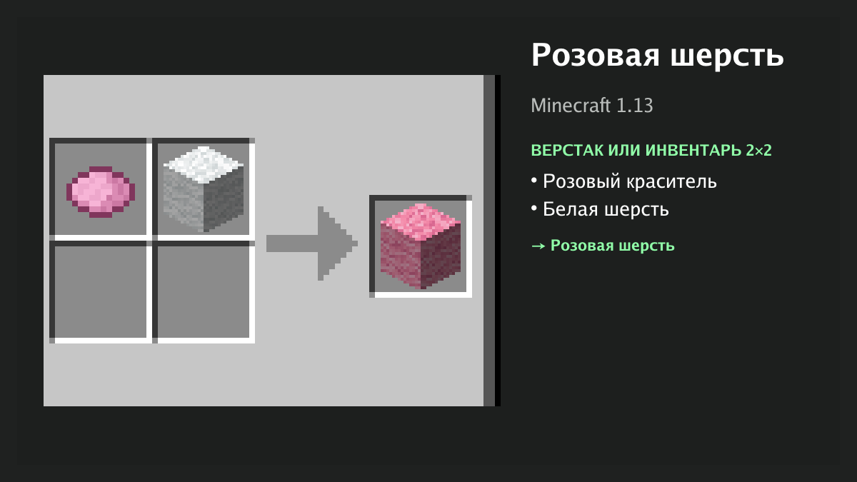 Рецепт: розовая шерсть в Minecraft — розовый краситель, белая шерсть (верстак или инвентарь 2×2)
