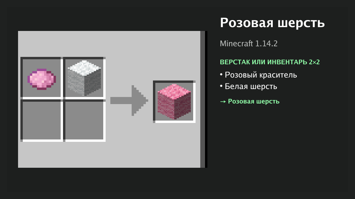 Рецепт: розовая шерсть в Minecraft — розовый краситель, белая шерсть (верстак или инвентарь 2×2)