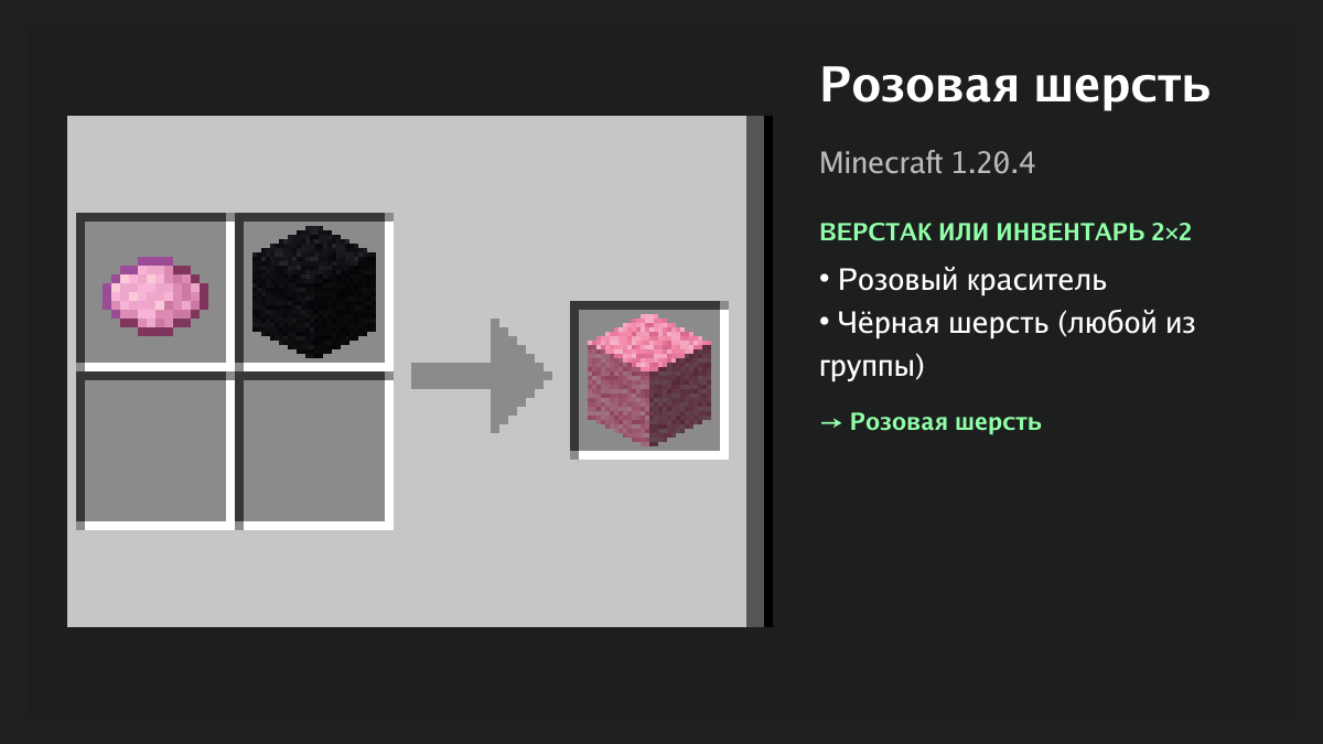 Рецепт: розовая шерсть в Minecraft — розовый краситель, чёрная шерсть (верстак или инвентарь 2×2)