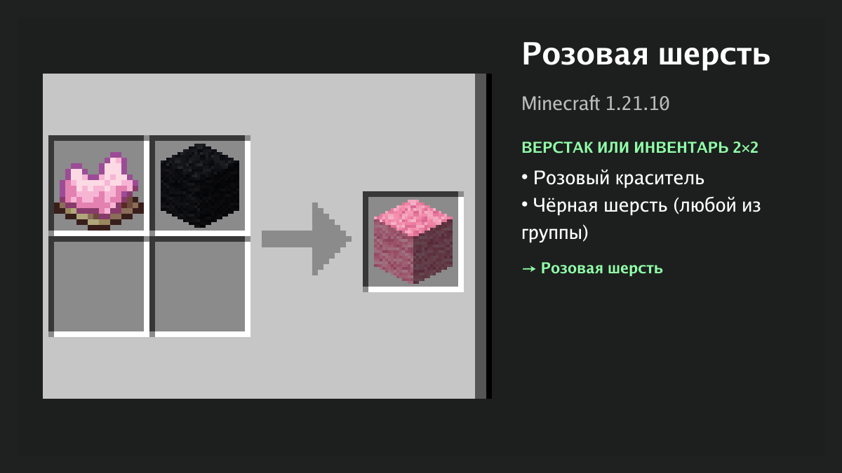 Рецепт: розовая шерсть в Minecraft — розовый краситель, чёрная шерсть (верстак или инвентарь 2×2)