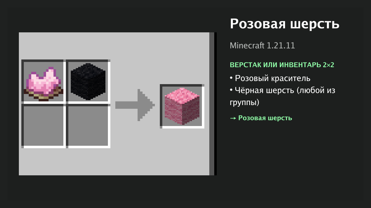 Рецепт: розовая шерсть в Minecraft — розовый краситель, чёрная шерсть (верстак или инвентарь 2×2)