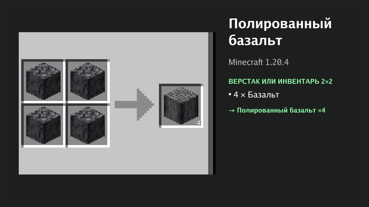 Рецепт: полированный базальт в Minecraft — 4 × базальт (верстак или инвентарь 2×2)