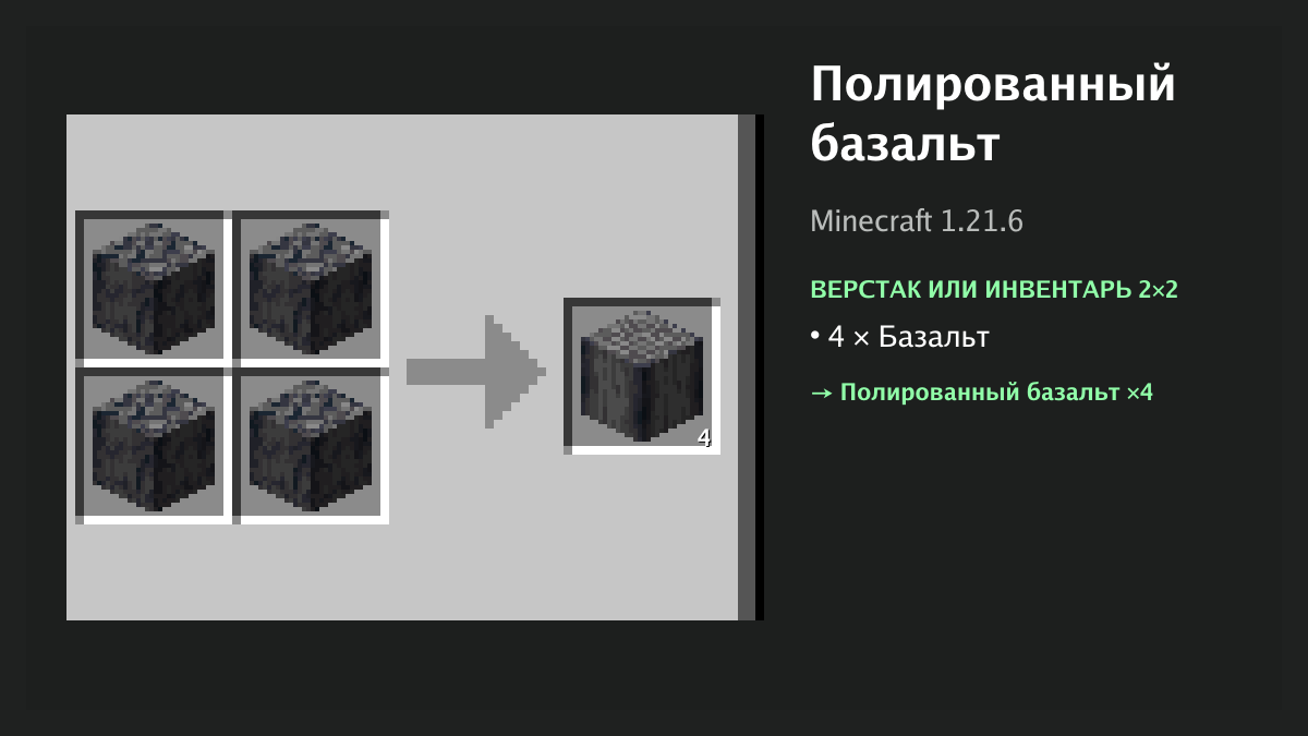 Рецепт: полированный базальт в Minecraft — 4 × базальт (верстак или инвентарь 2×2)