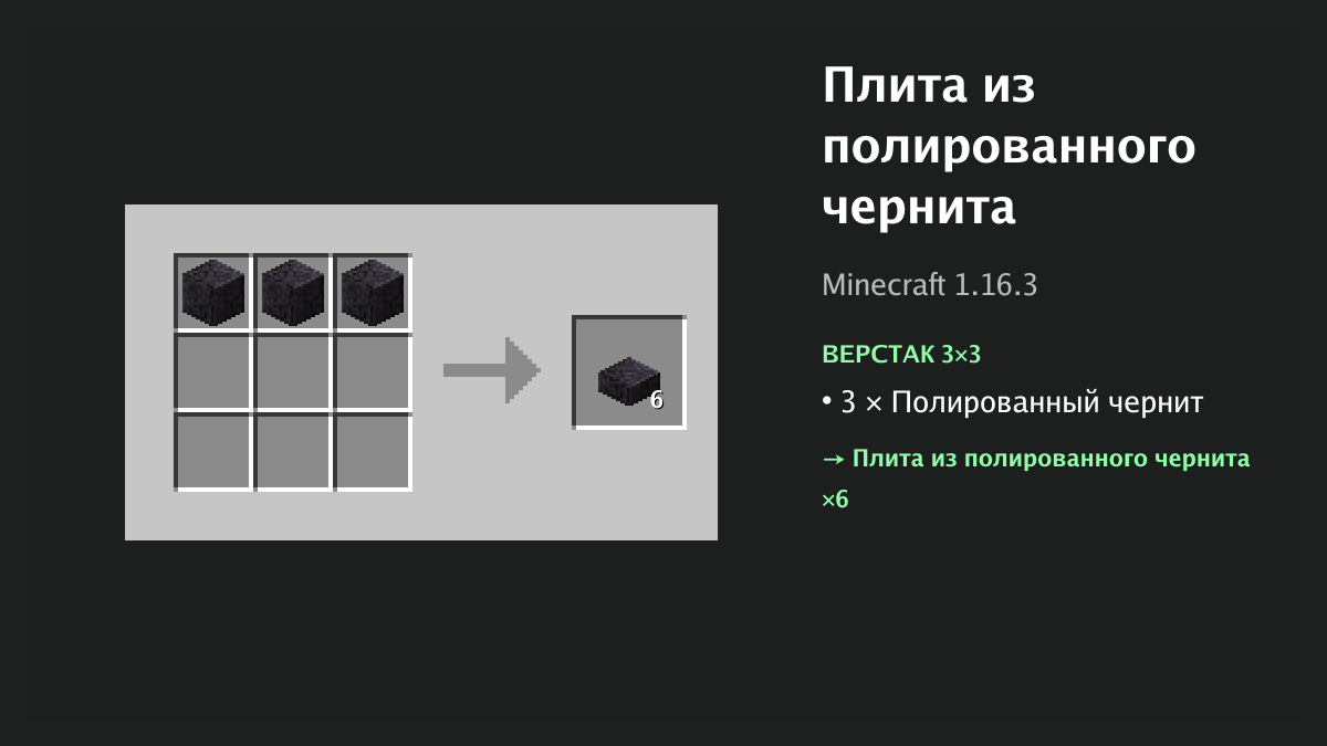 Рецепт: плита из полированного чернита в Minecraft — 3 × полированный чернит (верстак 3×3)