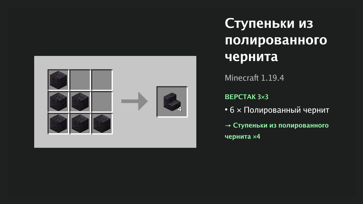 Рецепт: ступеньки из полированного чернита в Minecraft — 6 × полированный чернит (верстак 3×3)