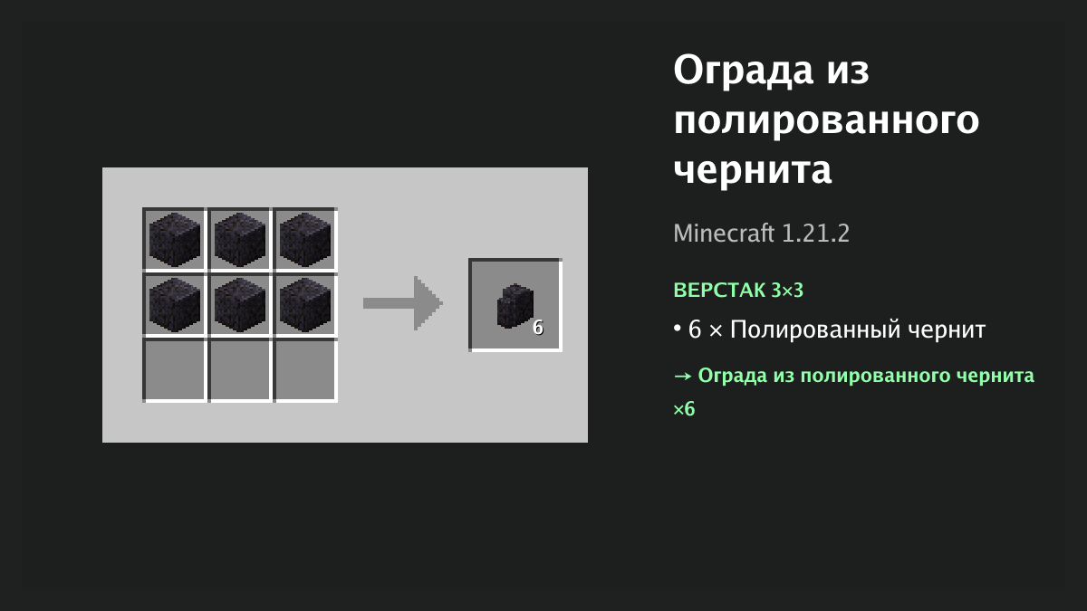 Рецепт: ограда из полированного чернита в Minecraft — 6 × полированный чернит (верстак 3×3)