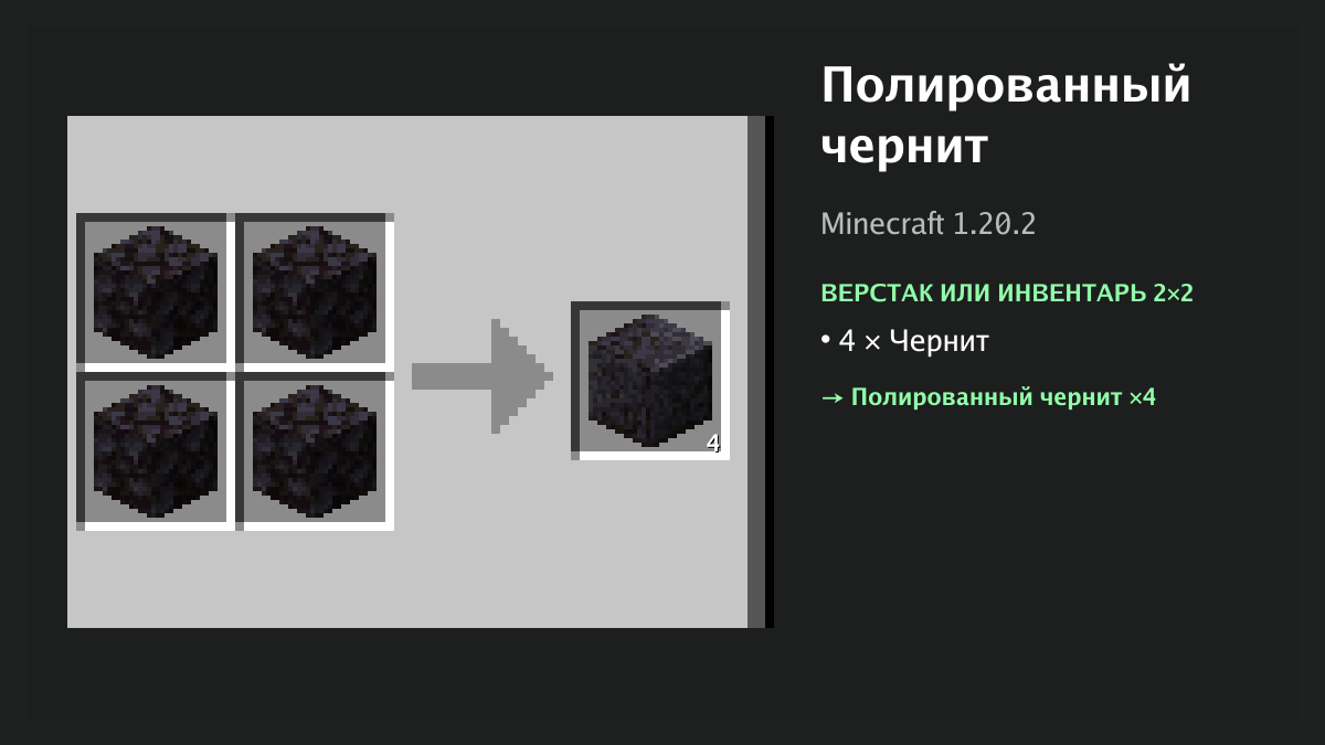 Рецепт: полированный чернит в Minecraft — 4 × чернит (верстак или инвентарь 2×2)