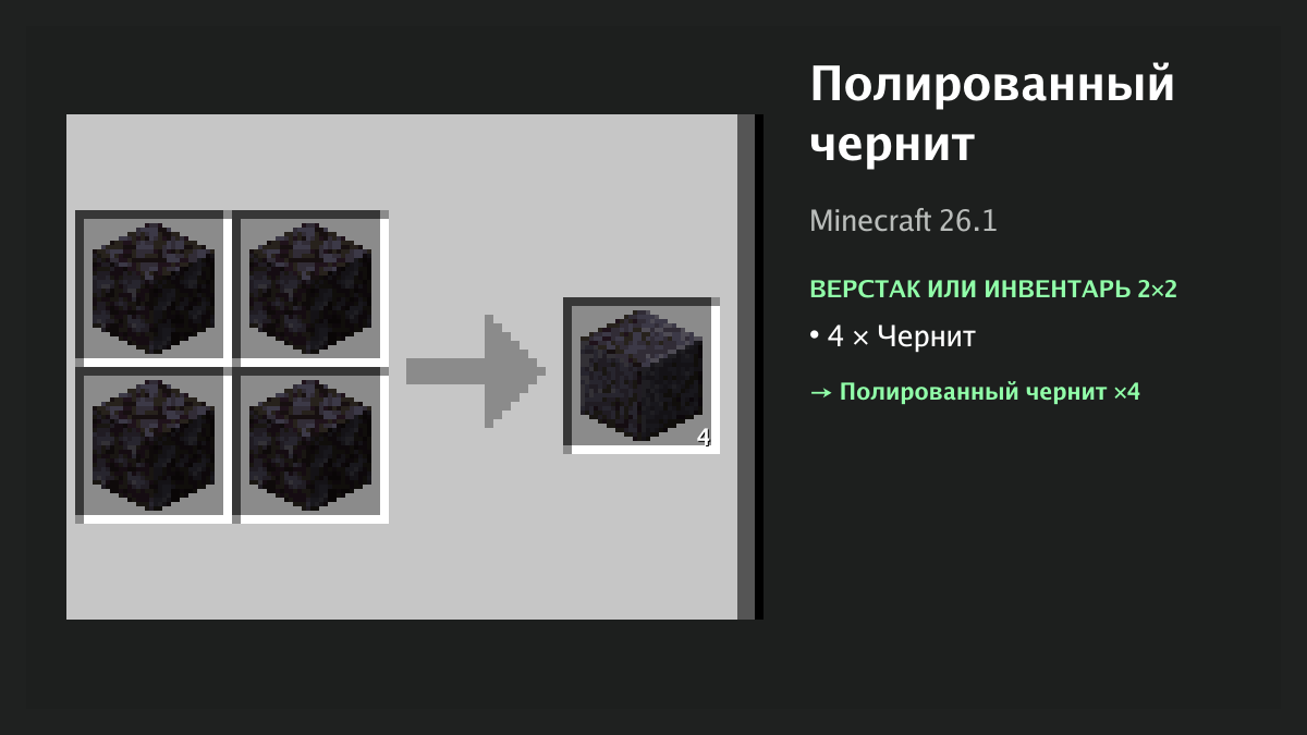 Рецепт: полированный чернит в Minecraft — 4 × чернит (верстак или инвентарь 2×2)