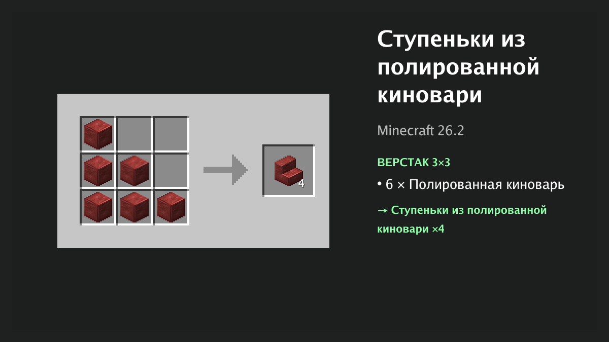Рецепт: ступеньки из полированной киновари в Minecraft — 6 × полированная киноварь (верстак 3×3)