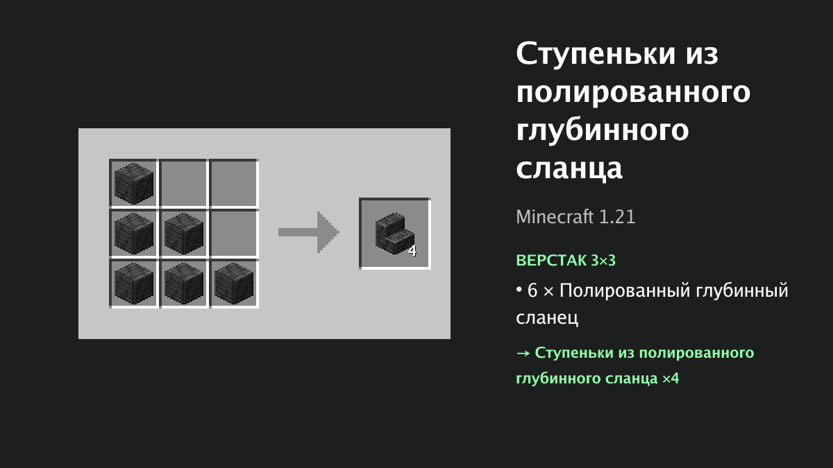 Рецепт: ступеньки из полированного глубинного сланца в Minecraft — 6 × полированный глубинный сланец (верстак 3×3)