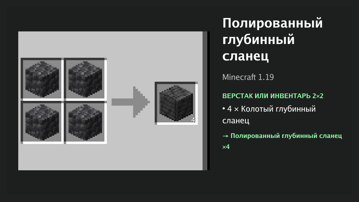 Рецепт: полированный глубинный сланец в Minecraft — 4 × колотый глубинный сланец (верстак или инвентарь 2×2)