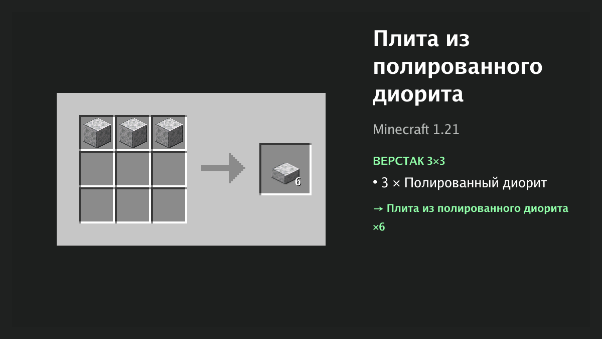 Рецепт: плита из полированного диорита в Minecraft — 3 × полированный диорит (верстак 3×3)
