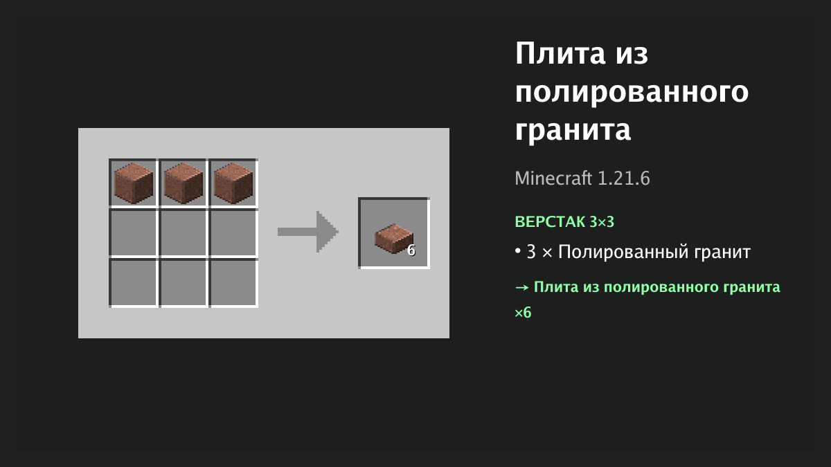 Рецепт: плита из полированного гранита в Minecraft — 3 × полированный гранит (верстак 3×3)