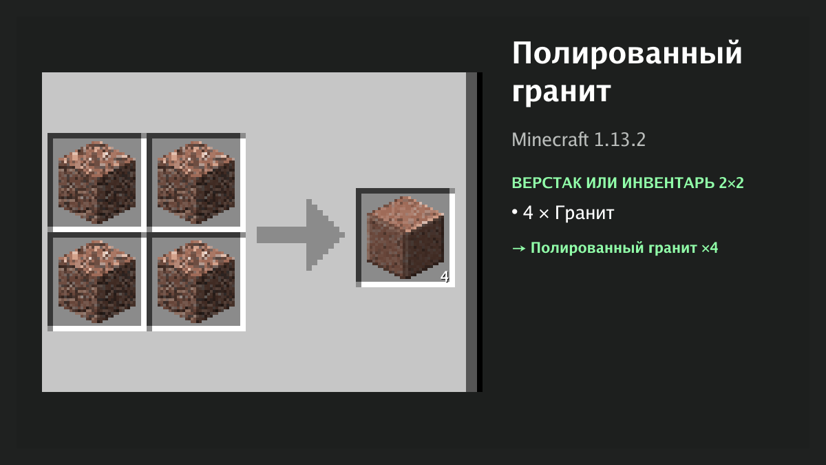 Рецепт: полированный гранит в Minecraft — 4 × гранит (верстак или инвентарь 2×2)