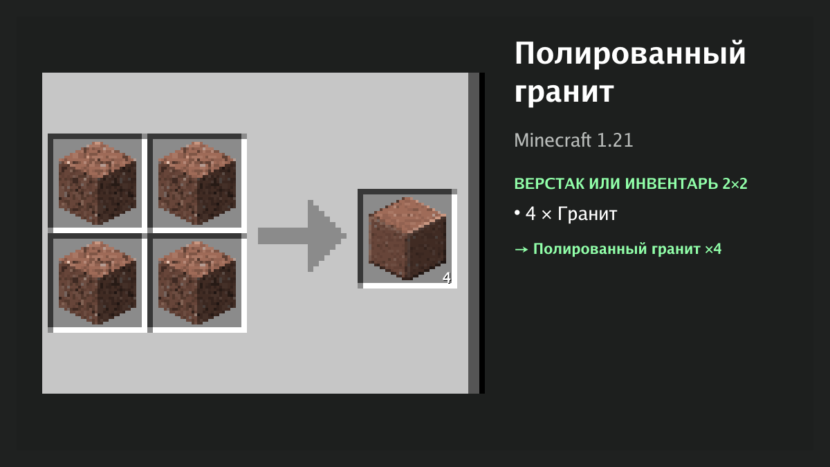 Рецепт: полированный гранит в Minecraft — 4 × гранит (верстак или инвентарь 2×2)