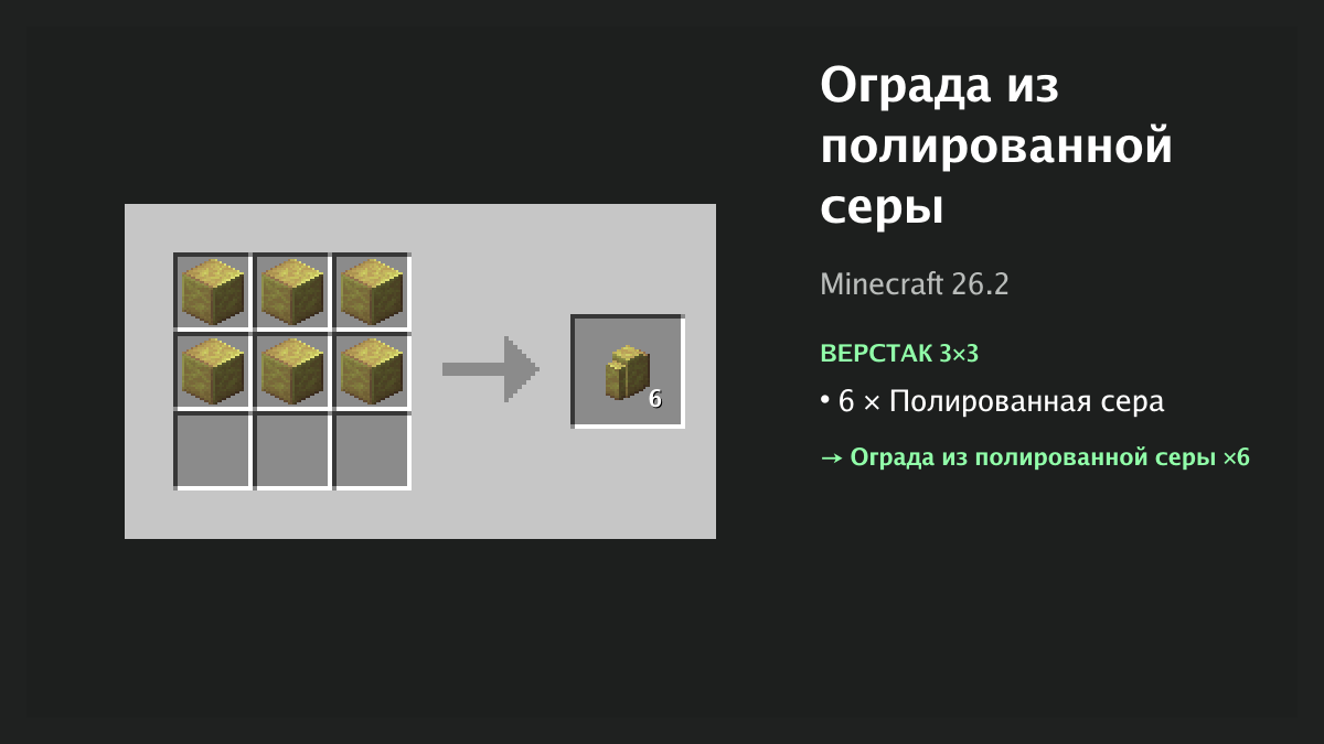 Рецепт: ограда из полированной серы в Minecraft — 6 × полированная сера (верстак 3×3)