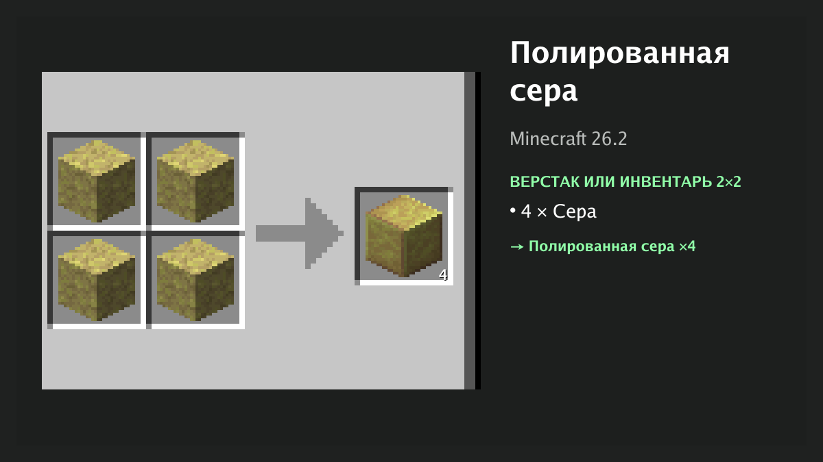 Рецепт: полированная сера в Minecraft — 4 × сера (верстак или инвентарь 2×2)
