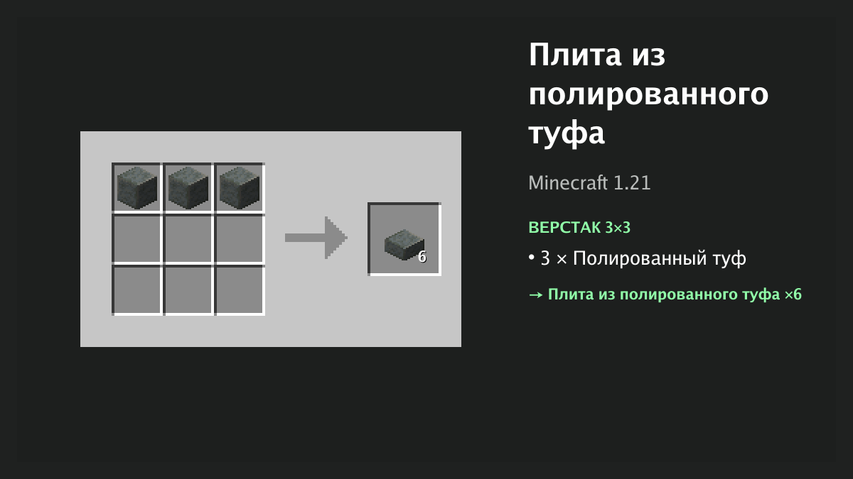 Рецепт: плита из полированного туфа в Minecraft — 3 × полированный туф (верстак 3×3)