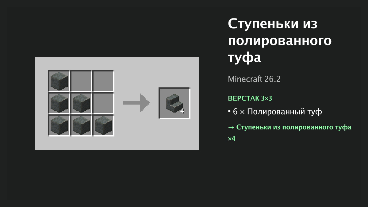 Рецепт: ступеньки из полированного туфа в Minecraft — 6 × полированный туф (верстак 3×3)