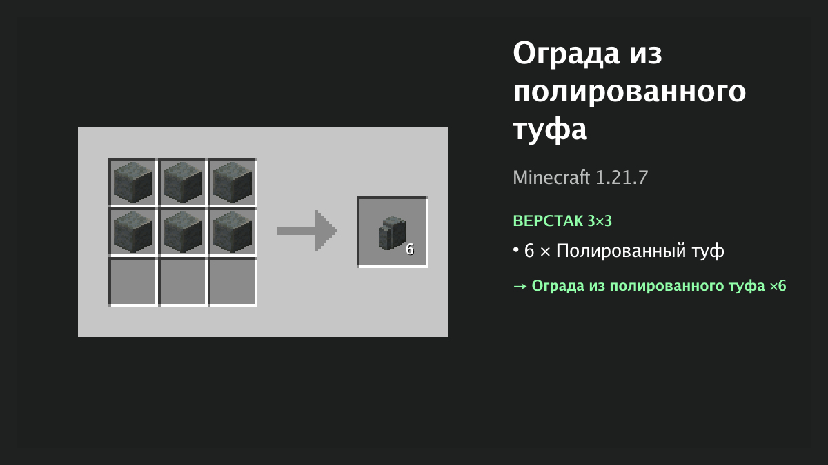 Рецепт: ограда из полированного туфа в Minecraft — 6 × полированный туф (верстак 3×3)