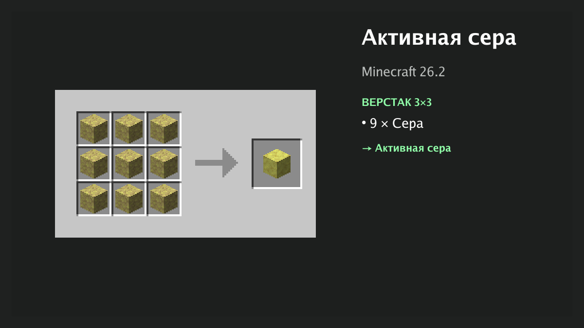 Рецепт: активная сера в Minecraft — 9 × сера (верстак 3×3)
