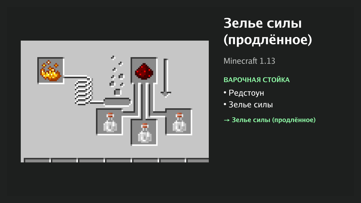 Рецепт: зелье силы (продлённое) в Minecraft — редстоун, зелье силы (варочная стойка)