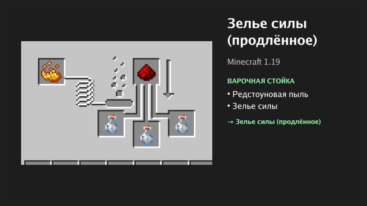 Рецепт: зелье силы (продлённое) в Minecraft — редстоуновая пыль, зелье силы (варочная стойка)