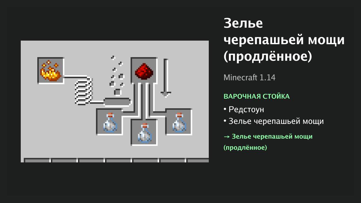 Рецепт: зелье черепашьей мощи (продлённое) в Minecraft — редстоун, зелье черепашьей мощи (варочная стойка)