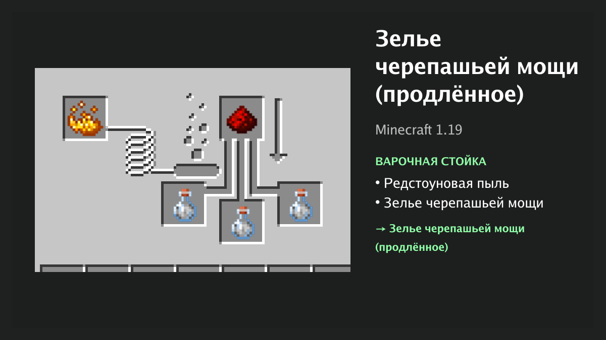 Рецепт: зелье черепашьей мощи (продлённое) в Minecraft — редстоуновая пыль, зелье черепашьей мощи (варочная стойка)