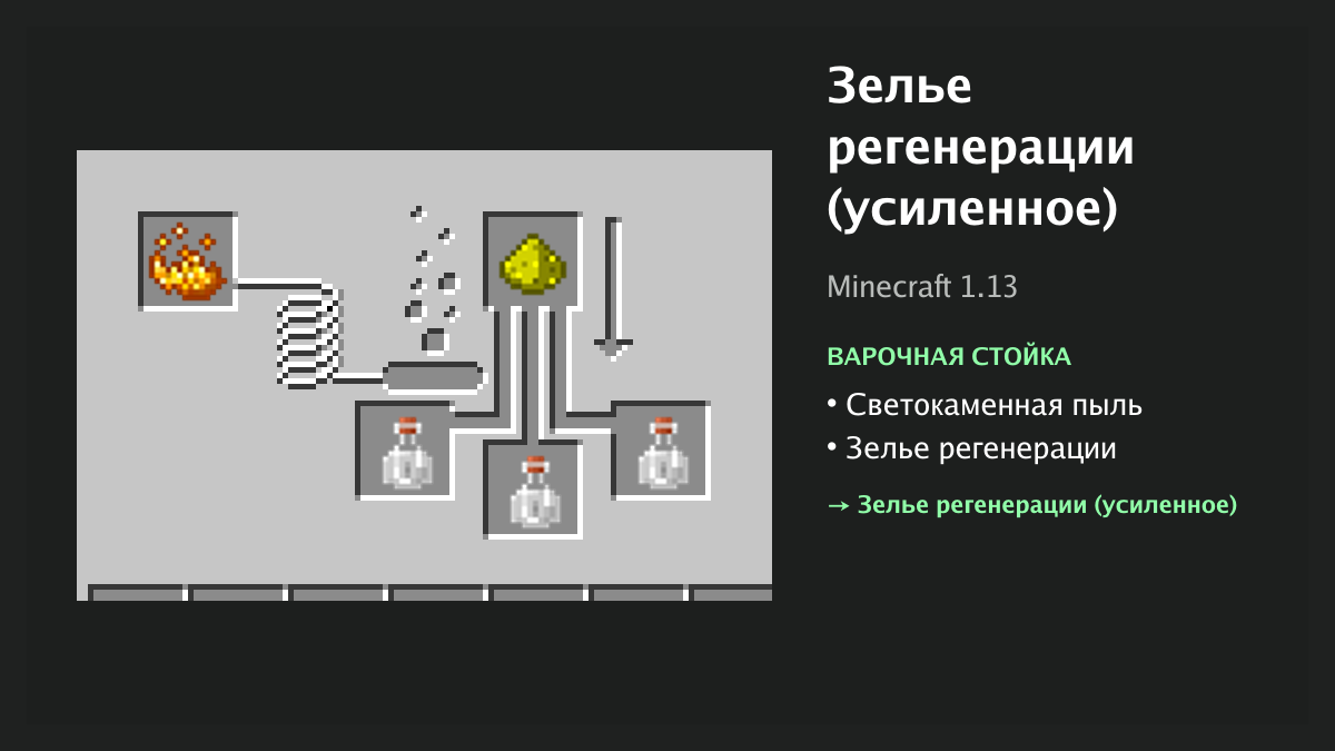 Рецепт: зелье регенерации (усиленное) в Minecraft — светокаменная пыль, зелье регенерации (варочная стойка)
