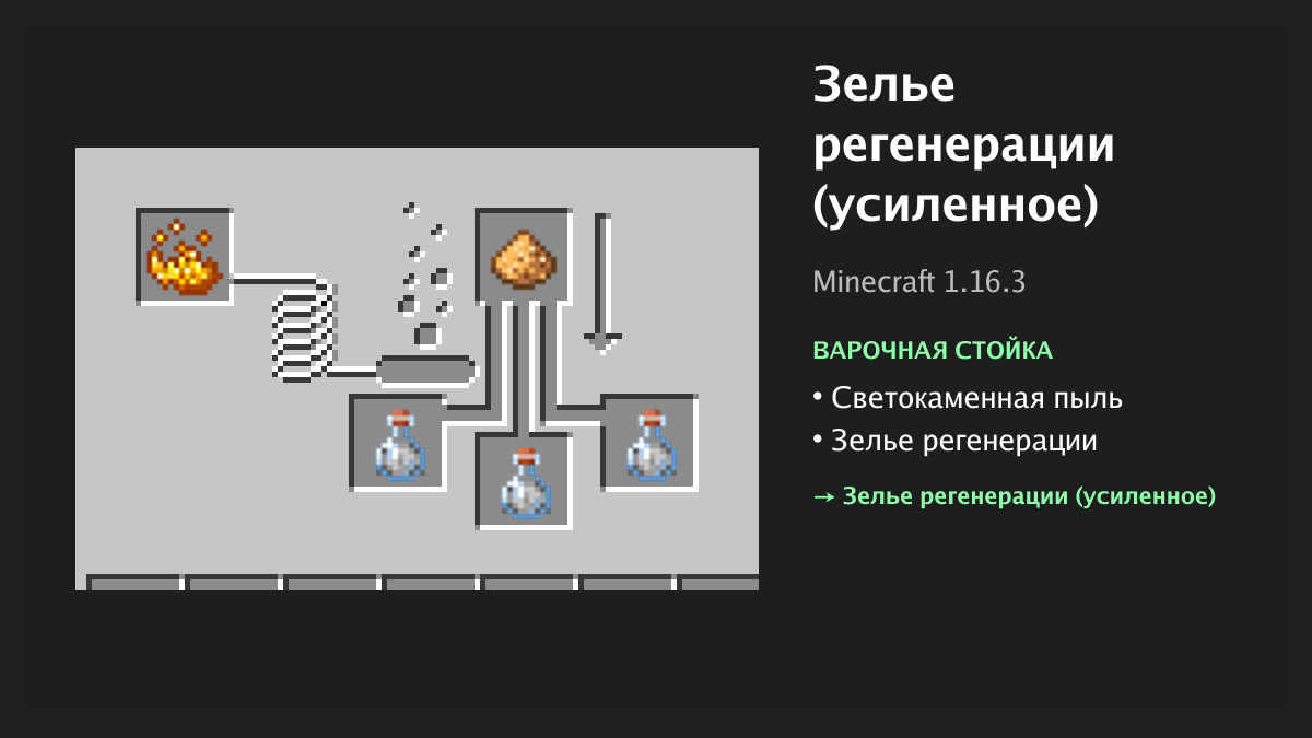 Рецепт: зелье регенерации (усиленное) в Minecraft — светокаменная пыль, зелье регенерации (варочная стойка)