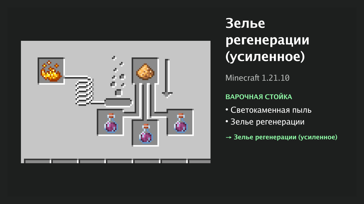 Рецепт: зелье регенерации (усиленное) в Minecraft — светокаменная пыль, зелье регенерации (варочная стойка)