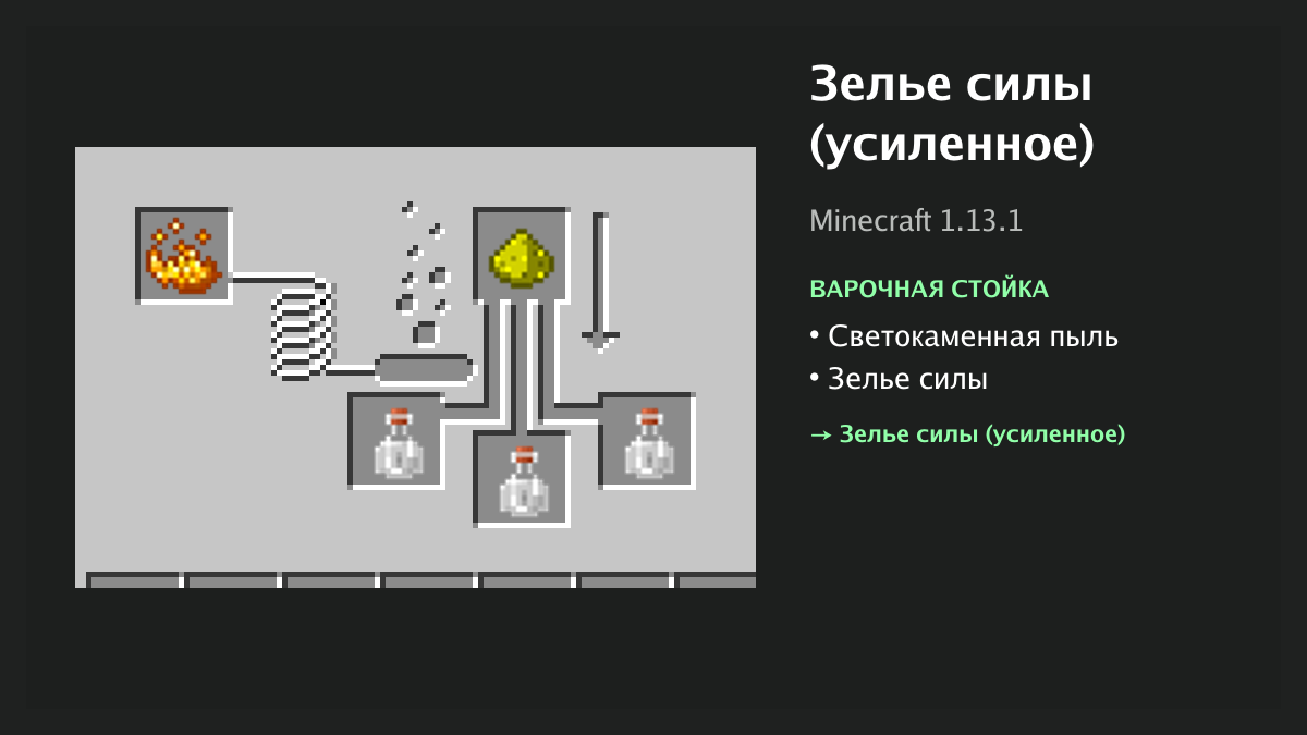 Рецепт: зелье силы (усиленное) в Minecraft — светокаменная пыль, зелье силы (варочная стойка)