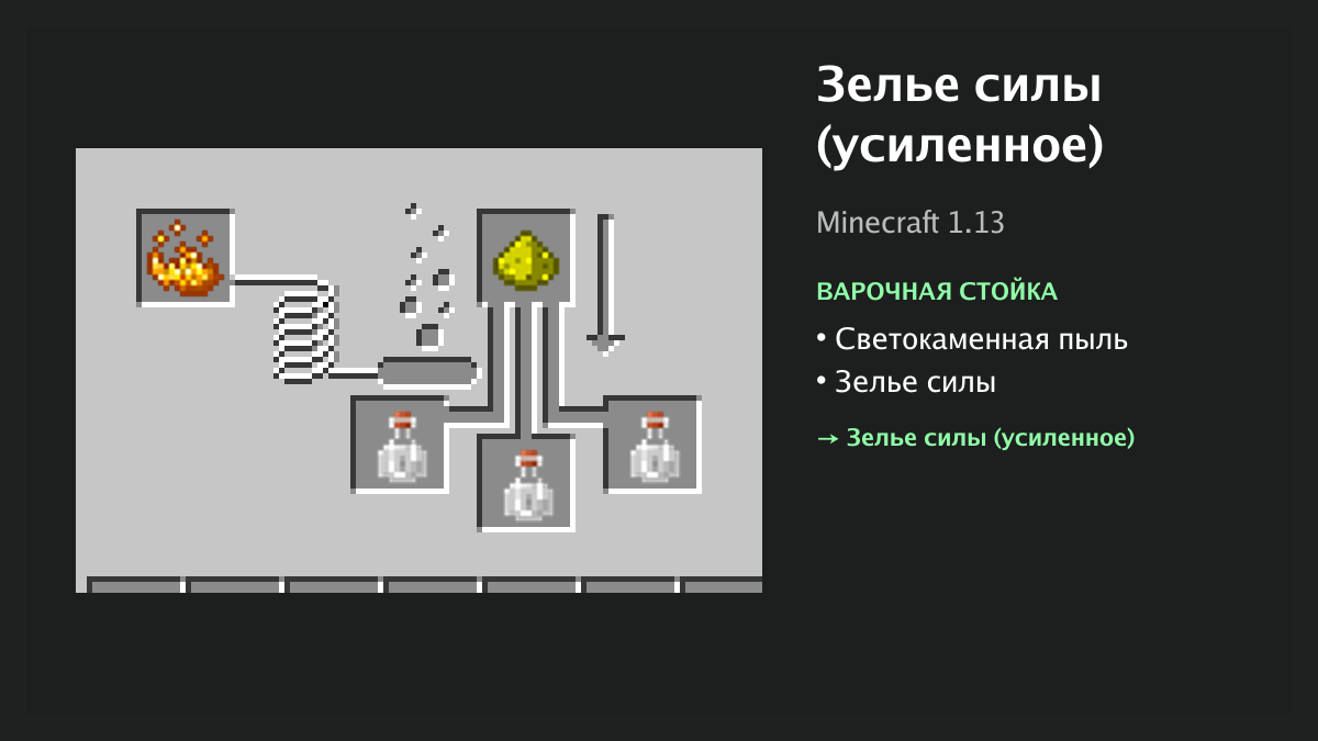 Рецепт: зелье силы (усиленное) в Minecraft — светокаменная пыль, зелье силы (варочная стойка)