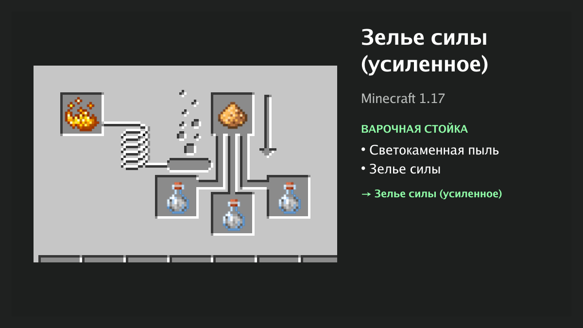 Рецепт: зелье силы (усиленное) в Minecraft — светокаменная пыль, зелье силы (варочная стойка)