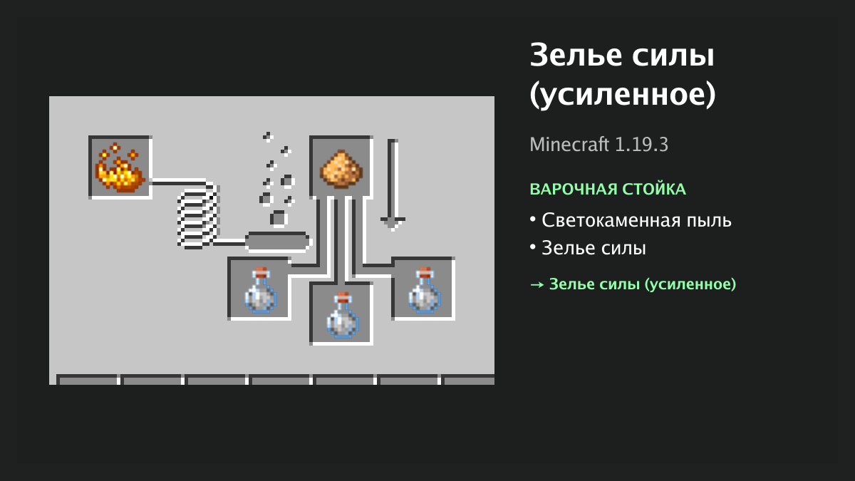 Рецепт: зелье силы (усиленное) в Minecraft — светокаменная пыль, зелье силы (варочная стойка)