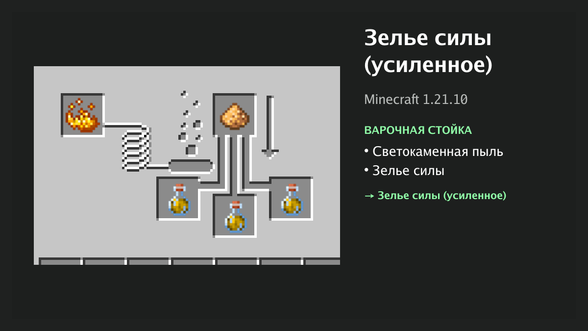Рецепт: зелье силы (усиленное) в Minecraft — светокаменная пыль, зелье силы (варочная стойка)