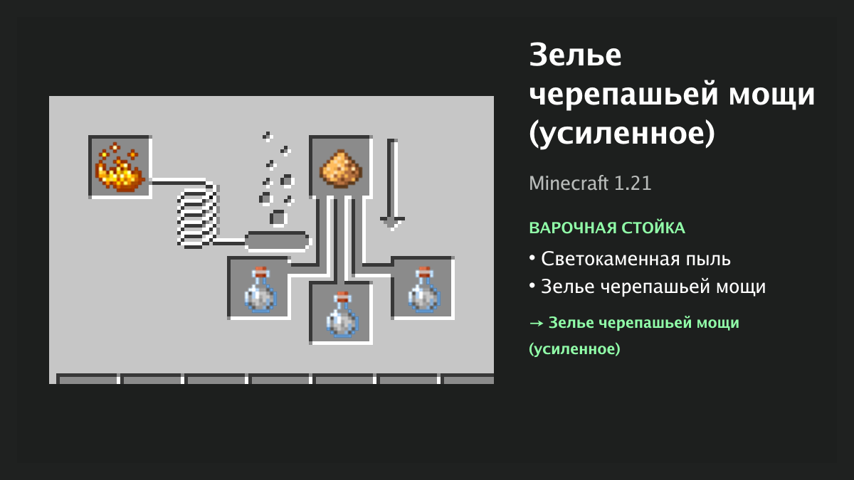 Рецепт: зелье черепашьей мощи (усиленное) в Minecraft — светокаменная пыль, зелье черепашьей мощи (варочная стойка)
